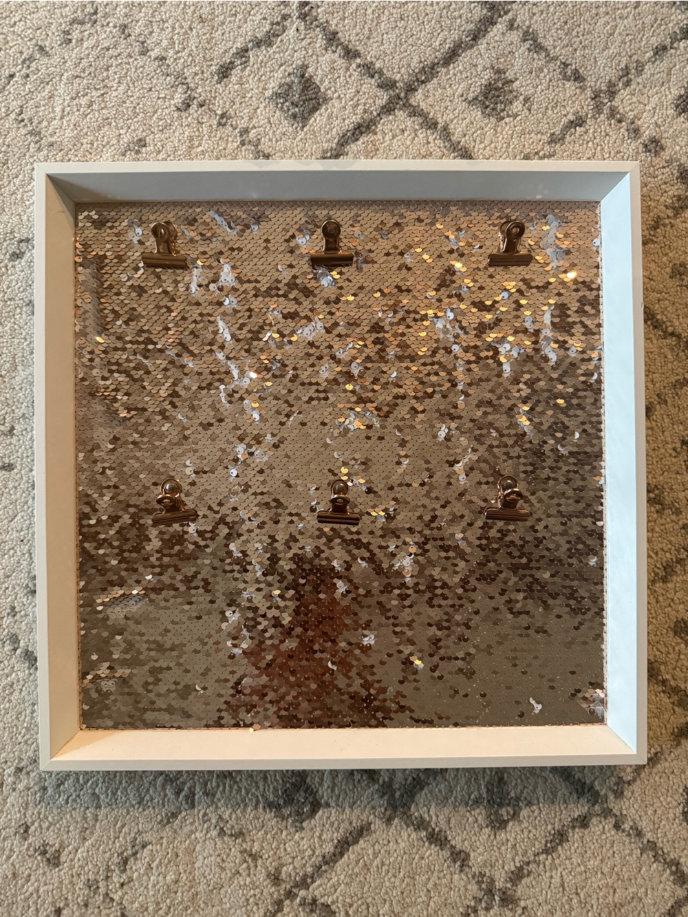 Rose Gold and white Sequin Clip Photo Display Board - 6 clips